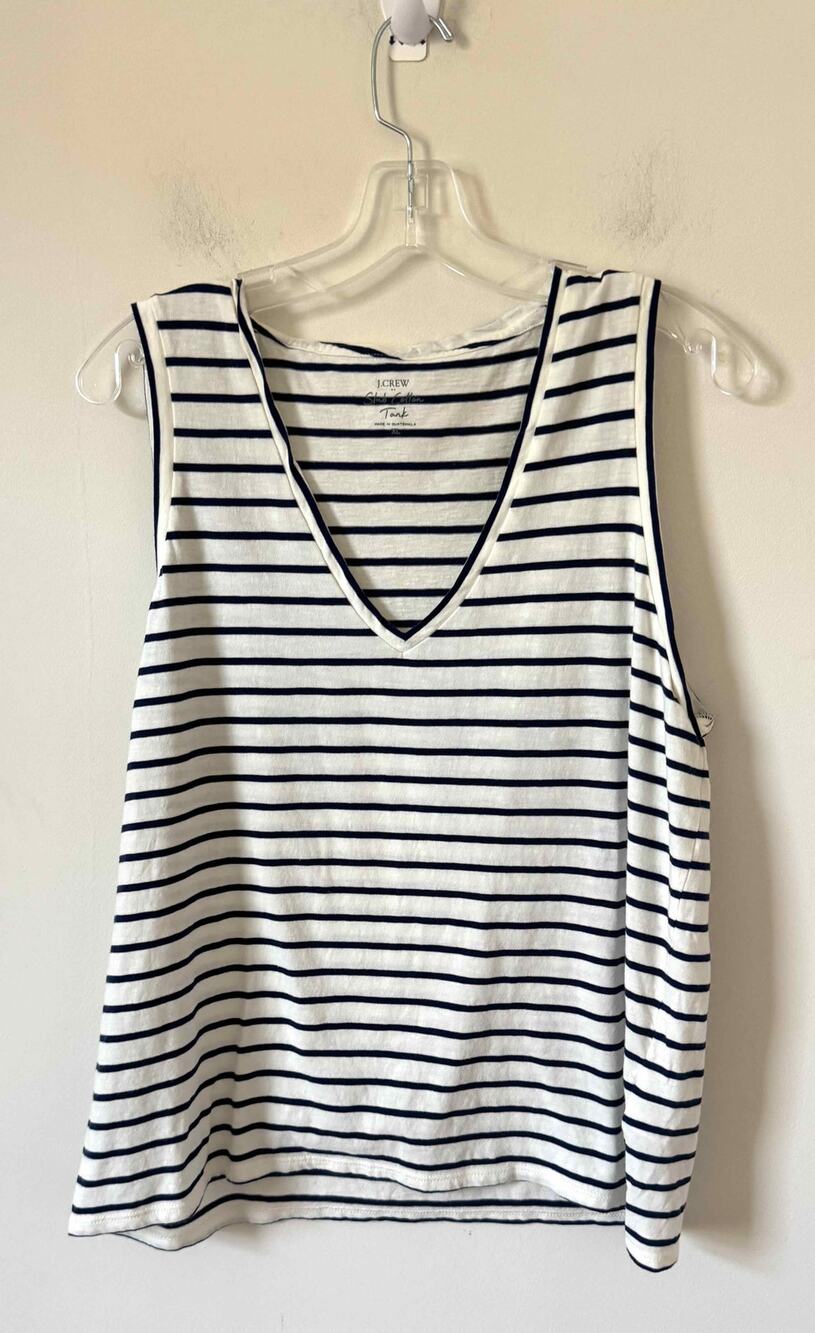 J. Crew Coastal Chick Preppy Cotton Basic V-Neck Striped Tank Top Navy White XL